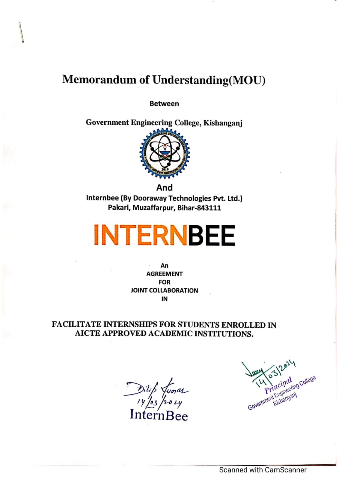 MoU Between Internbee and GEC, Kishanganj 